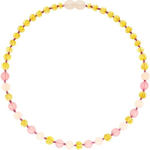 Wild Sun Barnsteen Ketting Baby / Peuter - Amber Ketting - Baltische Barnsteen – Pijnstillend bij Doorkomende Tanden - 32 cm – Lemon/ Rose Quartz/ Pink Jade 