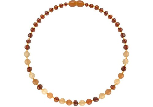 Wild Sun Barnsteen Ketting Kind - Amber Ketting - Baltische Barnsteen – 36 cm – Cognac / Aventurijn 