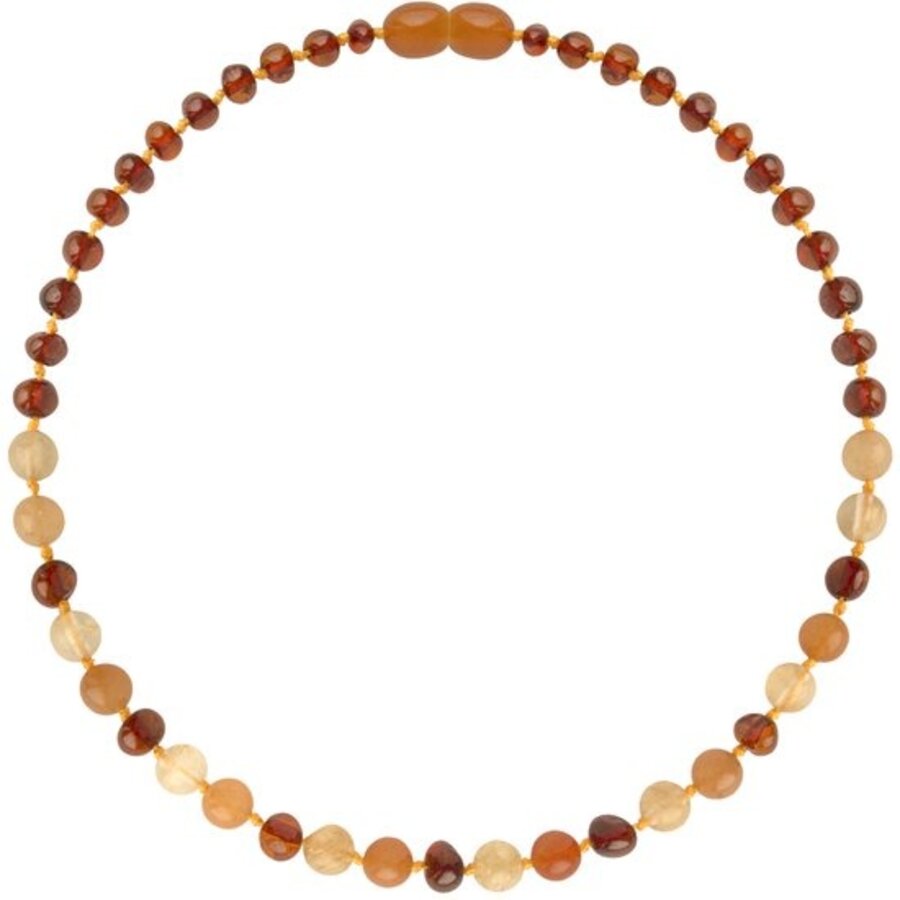 Wild Sun Barnsteen Ketting Kind - Amber Ketting - Baltische Barnsteen – 36 cm – Cognac / Aventurijn