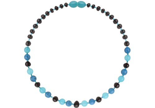 Wild Sun Barnsteen Ketting Kind - Amber Ketting - Baltische Barnsteen – 36 cm – Cherry / Turquoise / Jade 