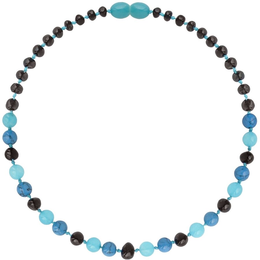 Wild Sun Barnsteen Ketting Kind - Amber Ketting - Baltische Barnsteen – 36 cm – Cherry / Turquoise / Jade