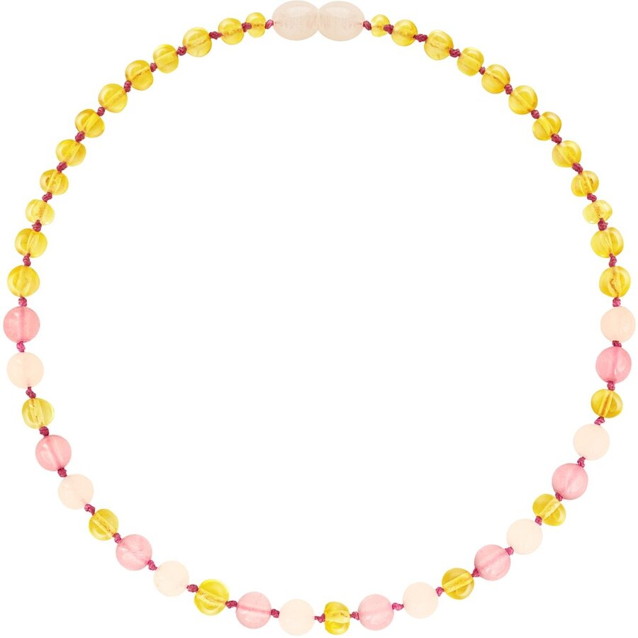 Wild Sun Barnsteen Ketting Volwassene - Amber Ketting - Baltische Barnsteen – 45 cm – Lemon / Rose Quartz / Pink Jade