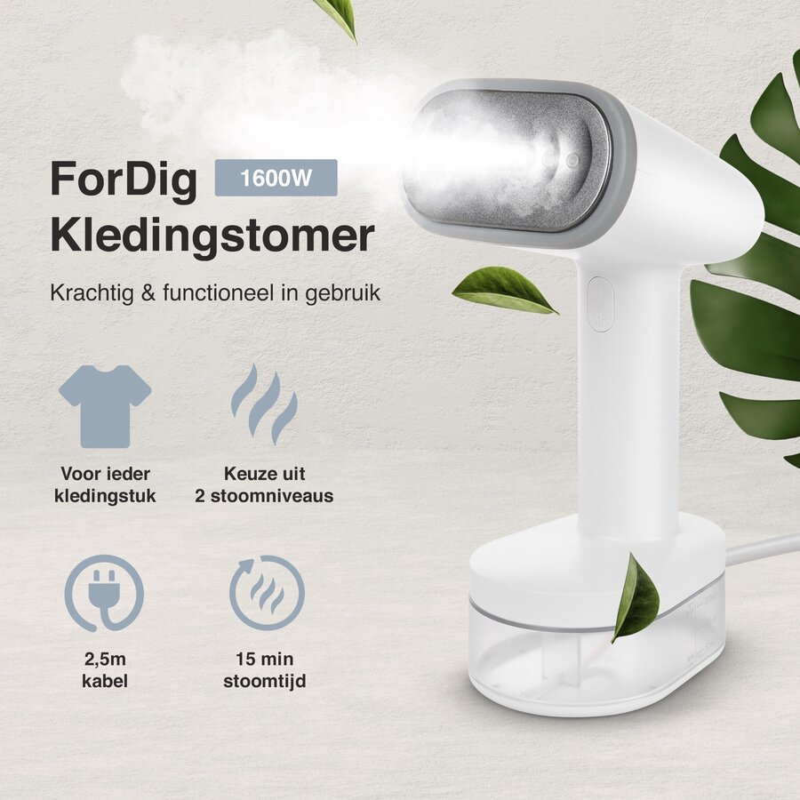 ForDig Kledingstomer - Stoomapparaat kleding – Handstomer – Inclusief 2 opzetborstels - Wit