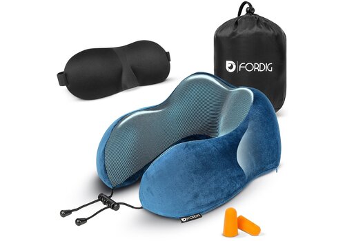 ForDig Premium Nekkussen - Inclusief Slaapmasker & Oordopjes - Memory Foam Reiskussen - Ergonomisch Vliegtuig Reis Nek Kussen - Neksteun Reiskussentje Auto - Air Travel Pillow - Roze - Blauw 