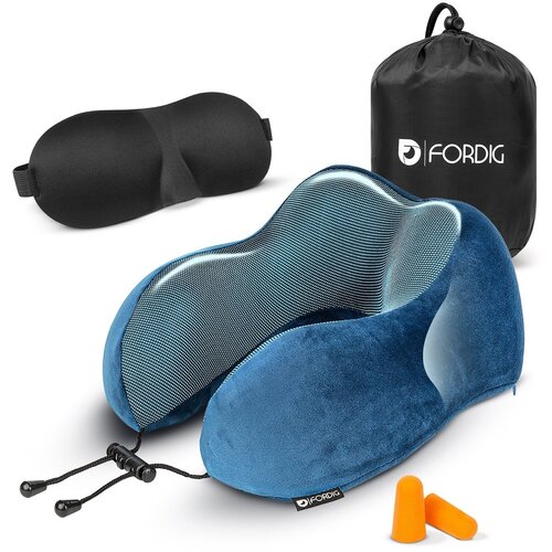 ForDig Premium Nekkussen - Inclusief Slaapmasker & Oordopjes - Memory Foam Reiskussen - Ergonomisch Vliegtuig Reis Nek Kussen - Neksteun Reiskussentje Auto - Air Travel Pillow - Roze - Blauw 