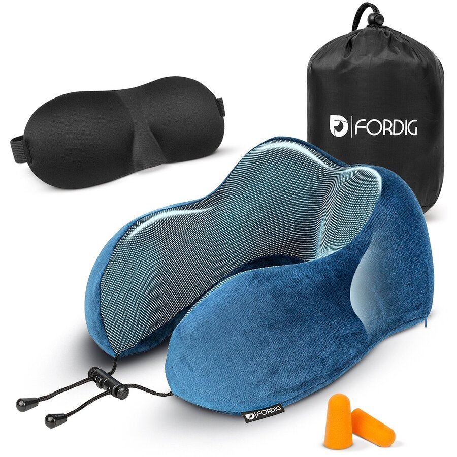 ForDig Premium Nekkussen - Inclusief Slaapmasker & Oordopjes - Memory Foam Reiskussen - Ergonomisch Vliegtuig Reis Nek Kussen - Neksteun Reiskussentje Auto - Air Travel Pillow - Roze - Blauw