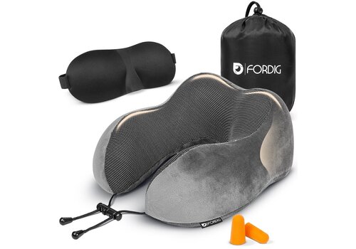 ForDig Premium Nekkussen - Inclusief Slaapmasker & Oordopjes - Memory Foam Reiskussen - Ergonomisch Vliegtuig Reis Nek Kussen - Neksteun Reiskussentje Auto - Air Travel Pillow - Grijs 