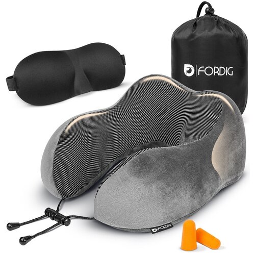 ForDig Premium Nekkussen - Inclusief Slaapmasker & Oordopjes - Memory Foam Reiskussen - Ergonomisch Vliegtuig Reis Nek Kussen - Neksteun Reiskussentje Auto - Air Travel Pillow - Grijs 