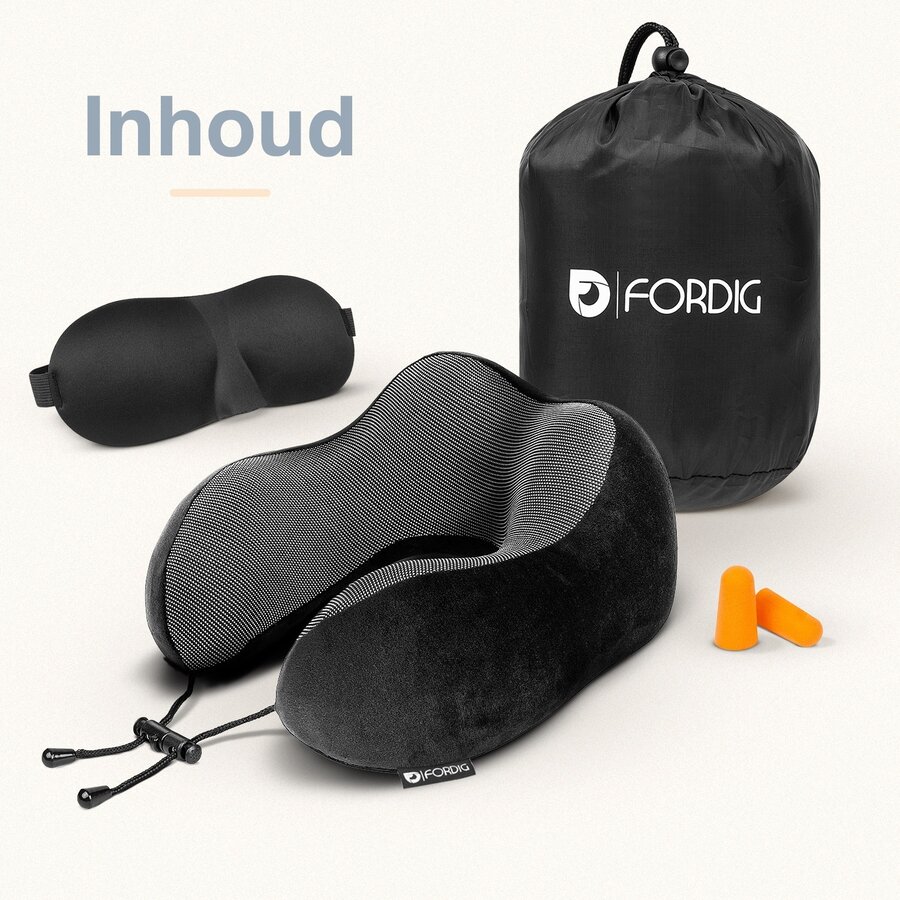 ForDig Premium Nekkussen - Inclusief Slaapmasker & Oordopjes - Memory Foam Reiskussen - Ergonomisch Vliegtuig Reis Nek Kussen - Neksteun Reiskussentje Auto - Air Travel Pillow