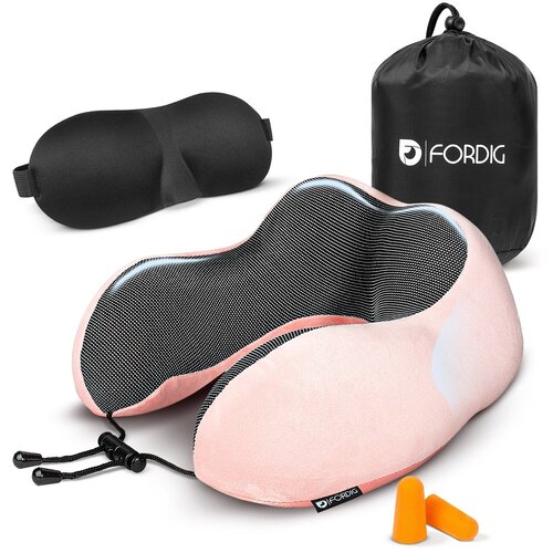 ForDig Premium Nekkussen - Inclusief Slaapmasker & Oordopjes - Memory Foam Reiskussen - Ergonomisch Vliegtuig Reis Nek Kussen - Neksteun Reiskussentje Auto - Air Travel Pillow - Roze 