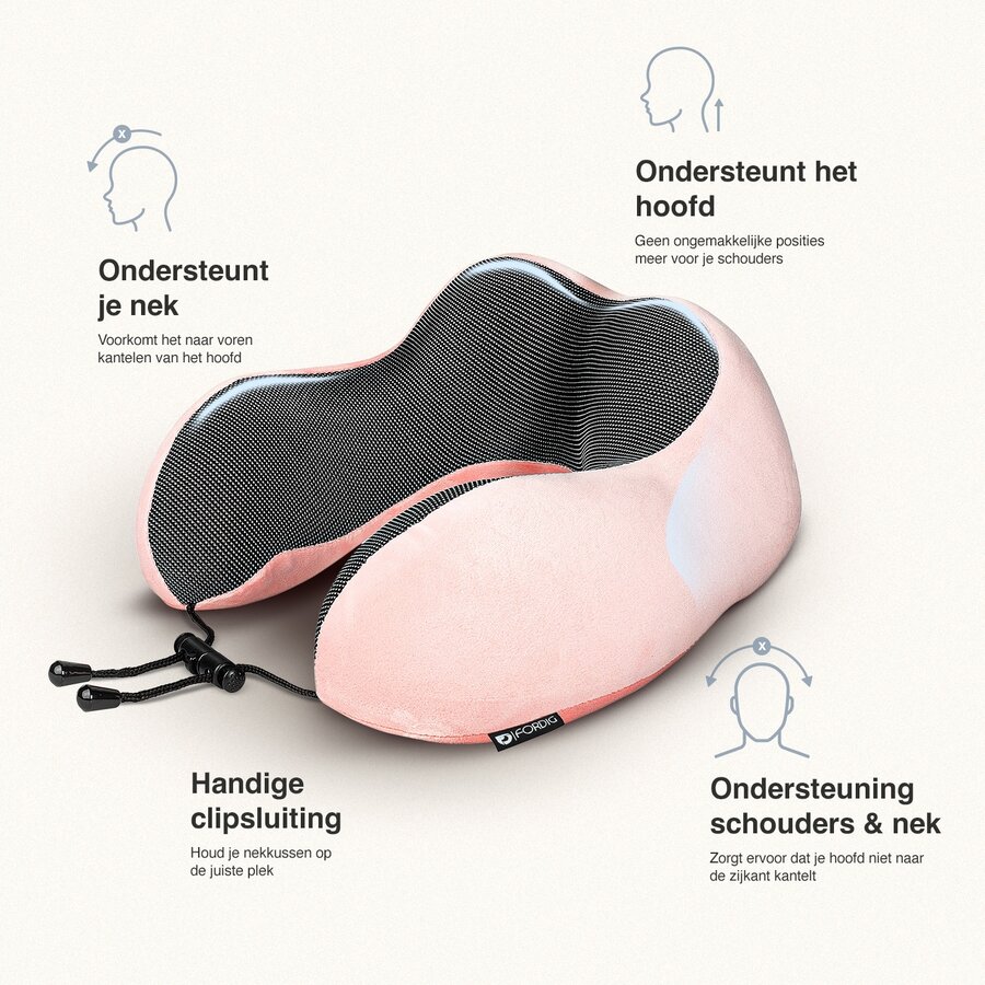 ForDig Premium Nekkussen - Inclusief Slaapmasker & Oordopjes - Memory Foam Reiskussen - Ergonomisch Vliegtuig Reis Nek Kussen - Neksteun Reiskussentje Auto - Air Travel Pillow - Roze