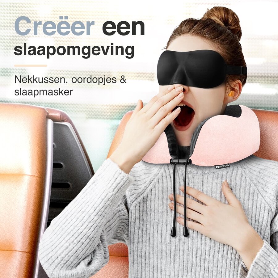 ForDig Premium Nekkussen - Inclusief Slaapmasker & Oordopjes - Memory Foam Reiskussen - Ergonomisch Vliegtuig Reis Nek Kussen - Neksteun Reiskussentje Auto - Air Travel Pillow - Roze