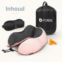 ForDig Premium Nekkussen - Inclusief Slaapmasker & Oordopjes - Memory Foam Reiskussen - Ergonomisch Vliegtuig Reis Nek Kussen - Neksteun Reiskussentje Auto - Air Travel Pillow - Roze