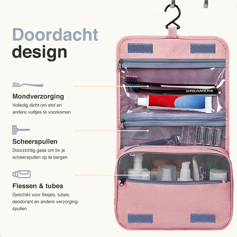 ForDig Toilettas Roze - Hanging Toilet Reis Tas met Haak - Hangend Make-Up Etui Organizer voor Toiletartikelen - Toiletry Bag voor Dames & Heren - Reizen & Kamperen Koffer Accessoires