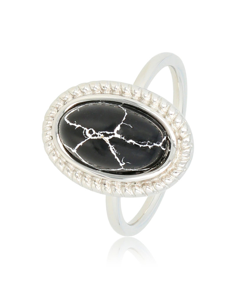My Bendel Ring Zilver met marmeren steen - zwart