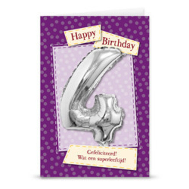 Wenskaart met Folie cijfer - 4 jaar