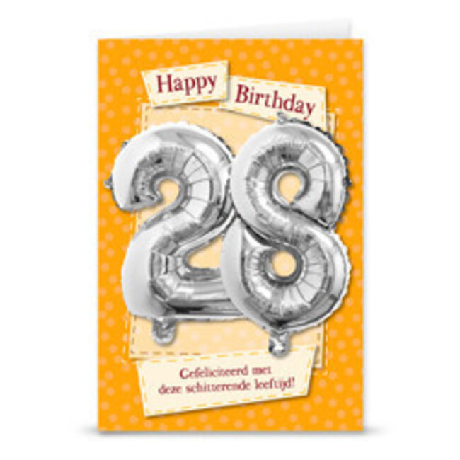 Wenskaart met Folie cijfer - 28 jaar