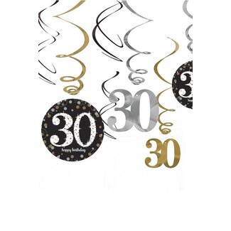 Amscan Swirl Decoration Happy Birthday 30 Silver&Black - 12 stuks