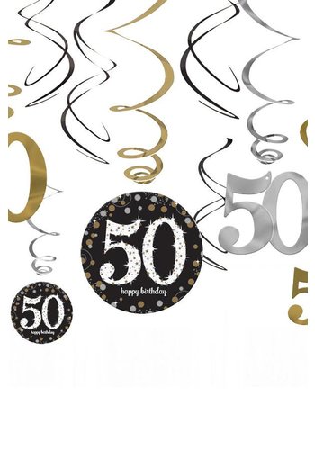 Swirl Decoration Happy Birthday 50 Silver & Black - 12 stuks 