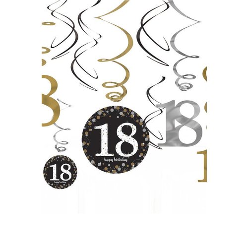 Swirl Decoration Happy Birthday 18 Silver & Black - 12 stuks 