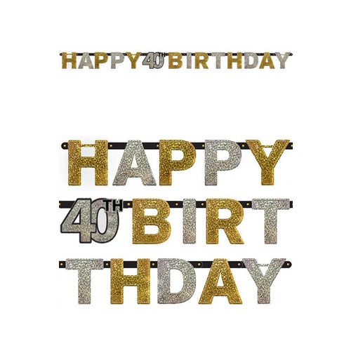 Letterbanner Happy 40th Birthday Silver & Black - 213 x 16.2 cm 