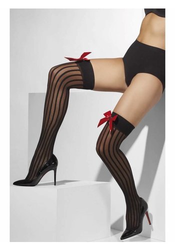 Sheer Hold-Ups - Zwart met rode strik 