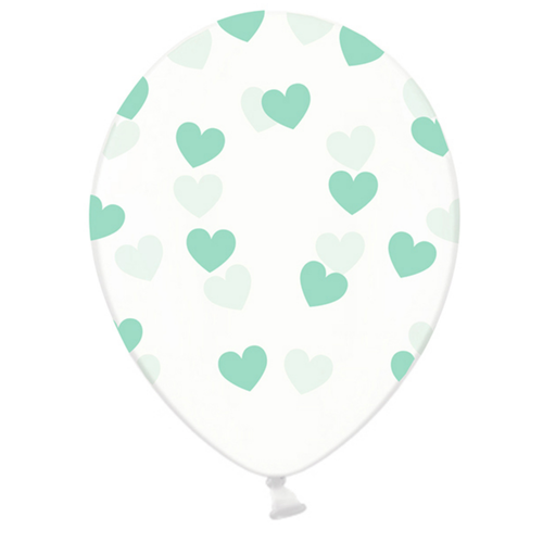 Ballonnen Doorzichtig met Mint Groene hartjes - 30cm - 6st 