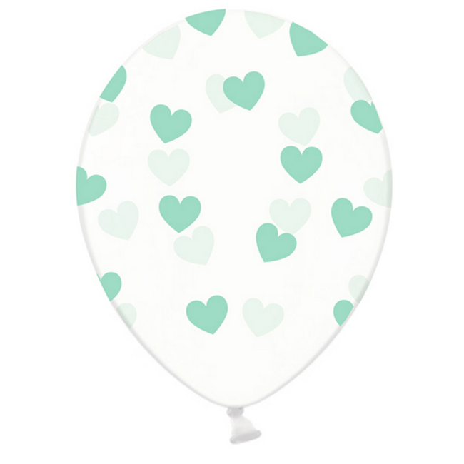 Ballonnen Doorzichtig met Mint Groene Hartjes - 30cm - 6st