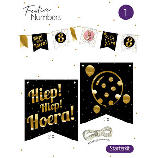 Festive numbers starter kit "Hiep Hiep Hoera" 4 st. + lijn