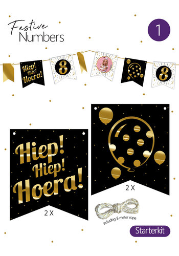 Festive numbers starter kit "Hiep Hiep Hoera" 4 st. + lijn 