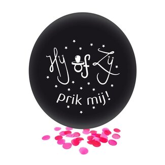 PartyXplosion Ballon Hij of Zij Zwart - Roze Confetti - 61 cm - 1 Stuk
