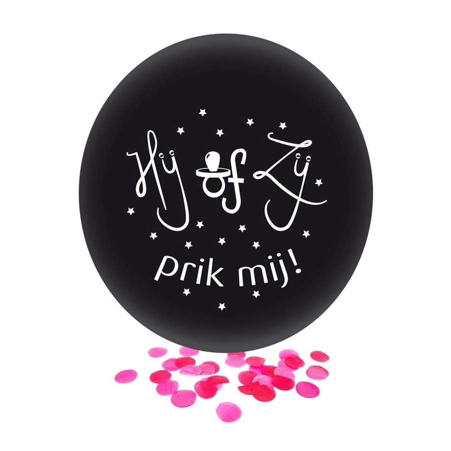 Ballon Hij of Zij Zwart - Roze Confetti-1