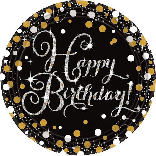 Bordjes Happy Birthday Sparkling Celebration Silver&Black - 8 st - 23cm 