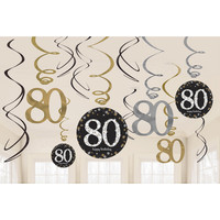 Swirl Decoration Happy Birthday 80 Silver & Black