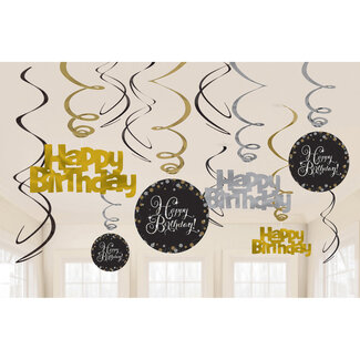 Amscan Swirl Decoration Happy Birthday Silver&Black- 12 stuks