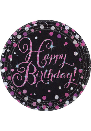 Bordjes Happy Birthday Sparkling Celebration Pink&Black - 8 st - 23cm 