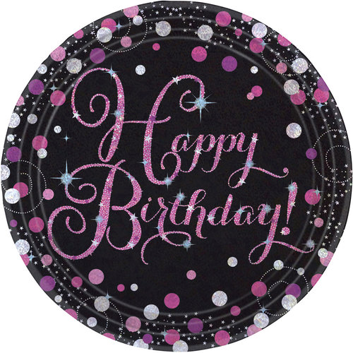 Bordjes Happy Birthday Sparkling Celebration Pink&Black - 8 st - 23cm 