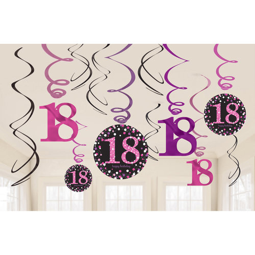 Swirl Decoration Happy Birthday 18 Pink&Black- 12 stuks 