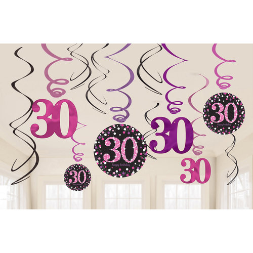 Swirl Decoration Happy Birthday 30 Pink&Black- 12 stuks 