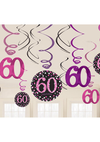 Swirl Decoration Happy Birthday 60 Pink&Black- 12 stuks 