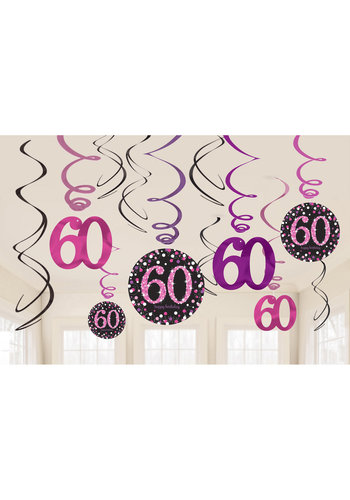 Swirl Decoration Happy Birthday 60 Pink&Black- 12 stuks 