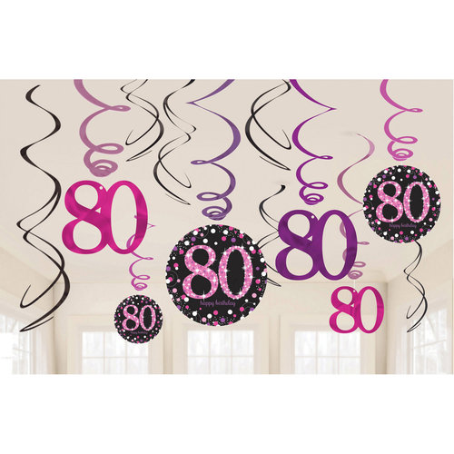 Swirl Decoration Happy Birthday 80 Pink & Black- 12 stuks 