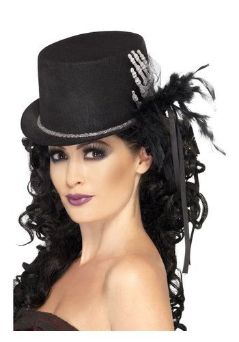 Top Hat, Black - with Skeleton Hand & Feathers 