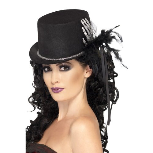 Top Hat, Black - with Skeleton Hand & Feathers 