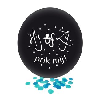 PartyXplosion Ballon Hij of Zij Zwart - Blauwe Confetti - 61 cm - 1 Stuk
