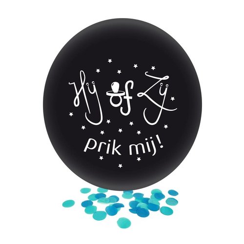 Ballon Hij of Zij Zwart - Blauwe Confetti - 61 cm - 1 Stuk 