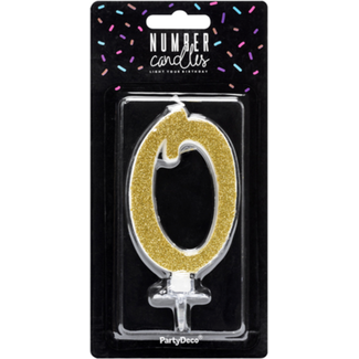 PartyDeco Verjaardagskaarsje 0 Goud Glitter - 10cm