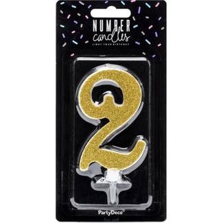 PartyDeco Verjaardagskaarsje 2 Goud Glitter - 10cm
