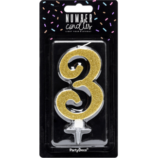 PartyDeco Verjaardagskaarsje 3 Goud Glitter - 10cm