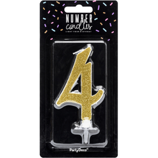 PartyDeco Verjaardagskaarsje 4 Goud Glitter - 10cm